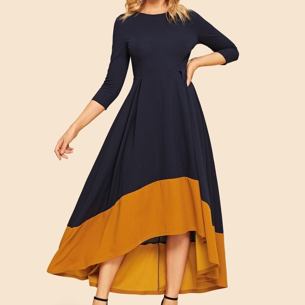 SHEIN High Low Midi Dress - Navy & Tan